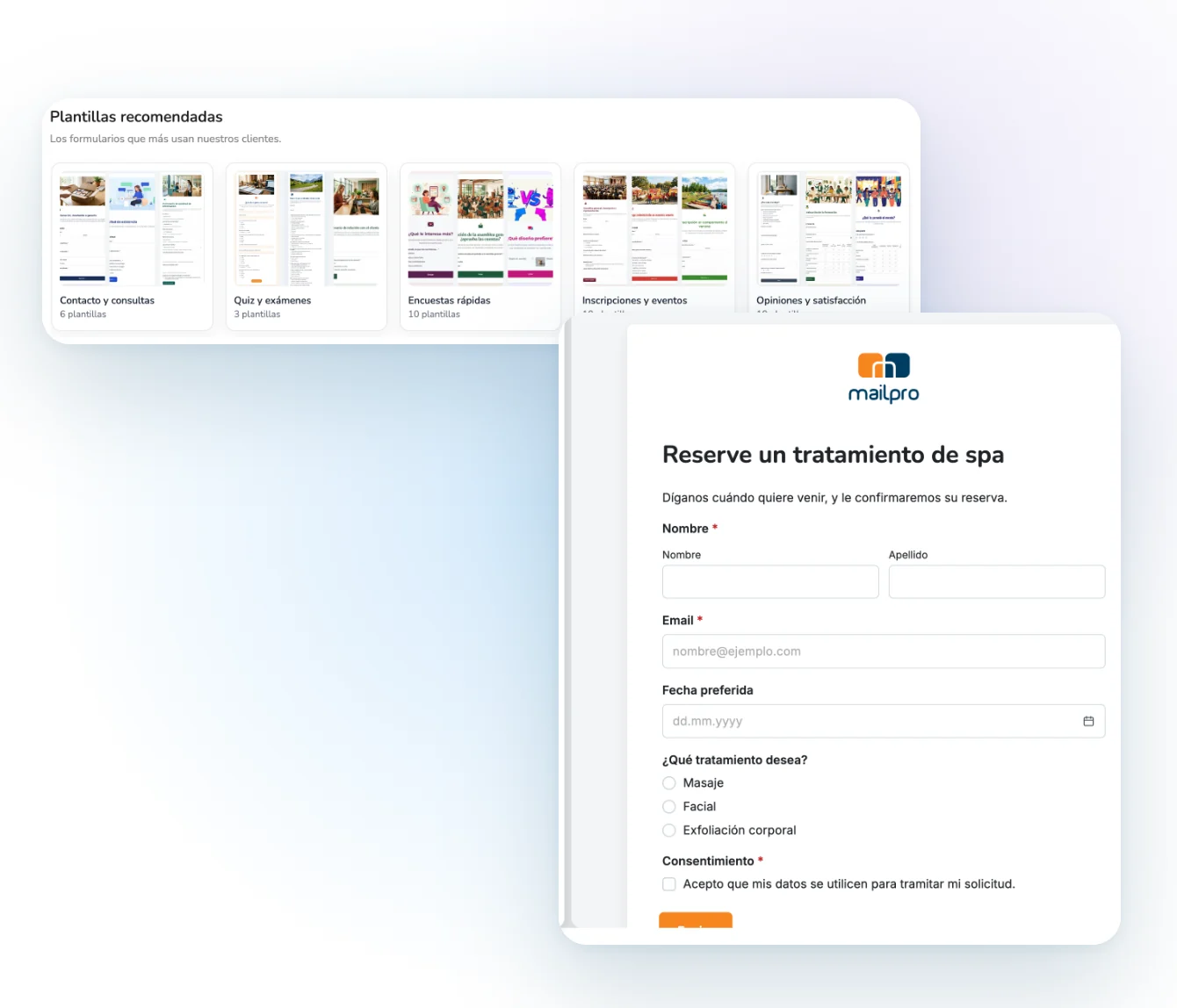 La galería de plantillas de formularios de Mailpro y un formulario de reserva en el editor de Mailpro